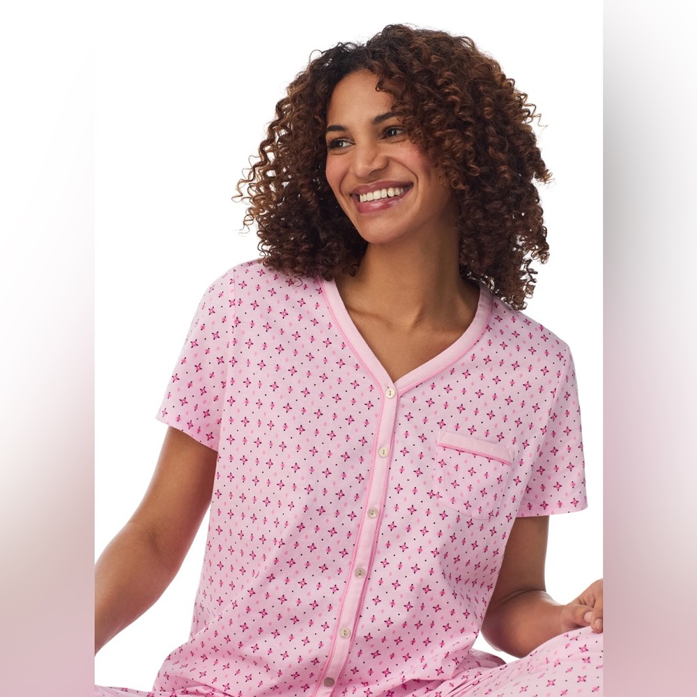 Aria Short Sleeve 100% Cotton Cropped Pajama Set with Pockets, Women’s - Picture 2 of 7